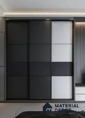 Minimalist wardrobe with matte black and frosty white laminate sliding shutters | Material Depot