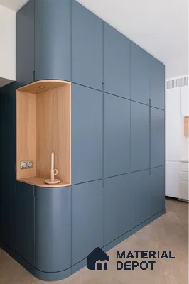 Minimalist wardrobe with matte blue laminate and light oak open niche | Material Depot
