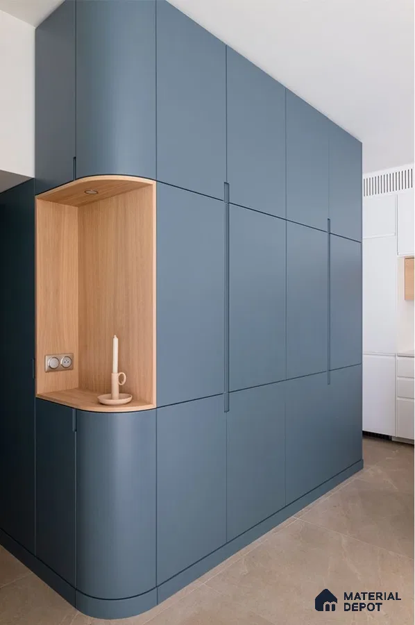 Minimalist wardrobe with matte blue laminate and light oak open niche | Material Depot