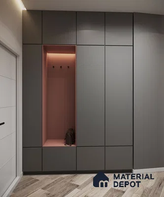 Minimalist Wardrobe with matte grey laminate cabinets, blush pink accent niche, and light oak wood flooring | Material Depot