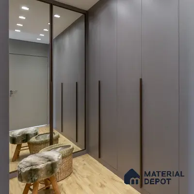 Minimalist wardrobe with matte grey laminate shutters and light oak wooden flooring | Material Depot