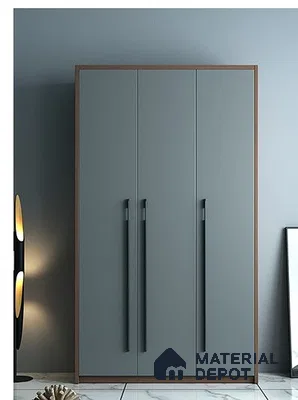 Minimalist wardrobe with matte grey laminate shutters and walnut brown edge detailing | Material Depot