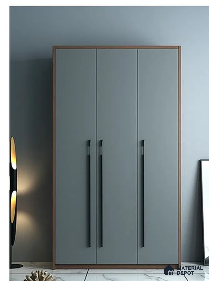 Minimalist wardrobe with matte grey laminate shutters and walnut brown edge detailing | Material Depot