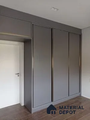 Minimalist wardrobe with matte grey laminate shutters and wood-look floor tile | Material Depot