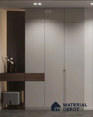 Minimalist Wardrobe with matte grey laminate wardrobe, walnut brown wood accent, and vertical fluted wall panel | Material Depot