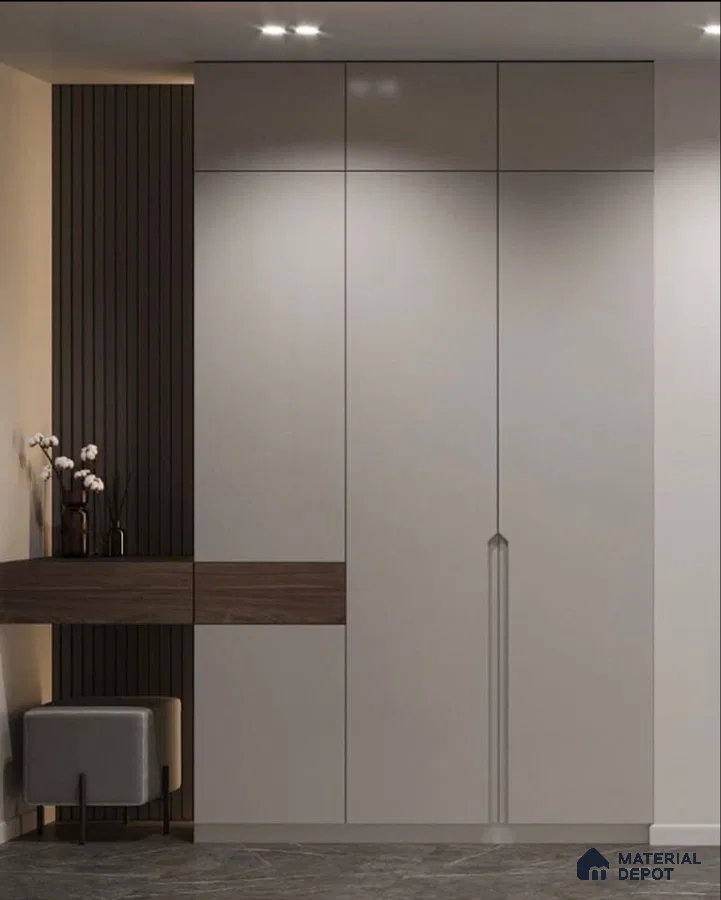 Minimalist Wardrobe with matte grey laminate wardrobe, walnut brown wood accent, and vertical fluted wall panel | Material Depot