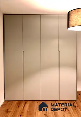 Minimalist wardrobe with matte light grey laminate shutters and natural oak wooden flooring | Material Depot
