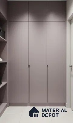 Minimalist wardrobe with matte mauve laminate shutters and light beige floor tiles | Material Depot