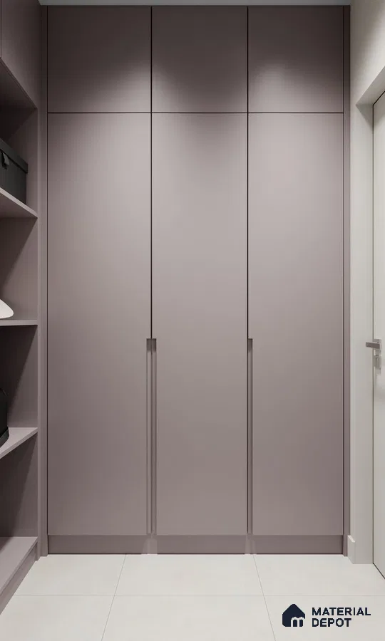 Minimalist wardrobe with matte mauve laminate shutters and light beige floor tiles | Material Depot
