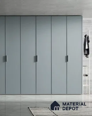 Minimalist wardrobe with matte pastel blue laminate shutters and concrete floor | Material Depot