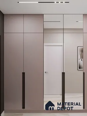 Minimalist wardrobe with matte taupe laminate and full-height mirror shutters | Material Depot