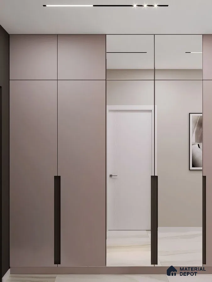 Minimalist wardrobe with matte taupe laminate and full-height mirror shutters | Material Depot