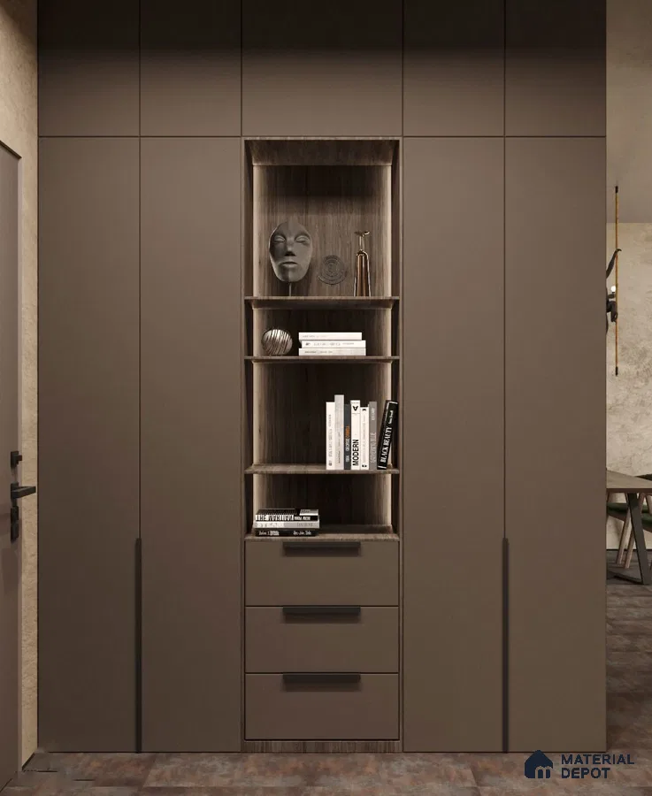 Minimalist wardrobe with matte taupe laminate and open wood grain shelving | Material Depot
