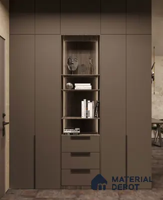 Minimalist wardrobe with matte taupe laminate and open wood grain shelving | Material Depot