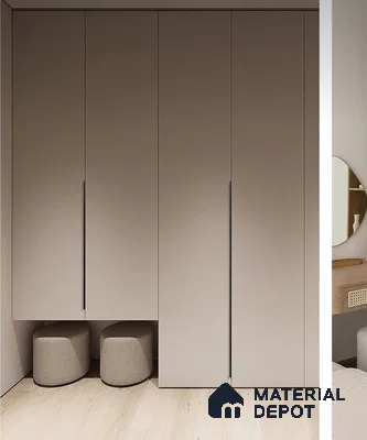 Minimalist wardrobe with matte taupe laminate shutters and light oak wooden flooring | Material Depot