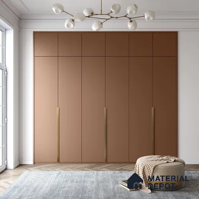 Minimalist wardrobe with matte terracotta laminate shutters and brass handles on herringbone wood flooring | Material Depot