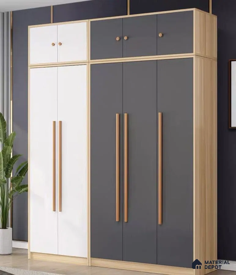 Minimalist wardrobe with matte white and charcoal grey laminate shutters and light oak frame | Material Depot