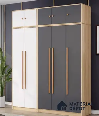 Minimalist wardrobe with matte white and charcoal grey laminate shutters and light oak frame | Material Depot