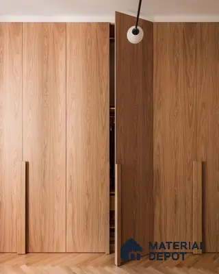 Minimalist wardrobe with natural oak wood laminate and herringbone wooden flooring | Material Depot