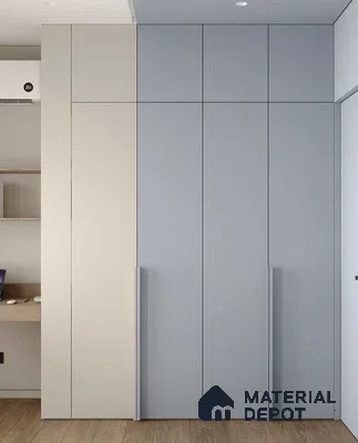Minimalist wardrobe with pastel blue and beige solid color laminates and wooden flooring | Material Depot