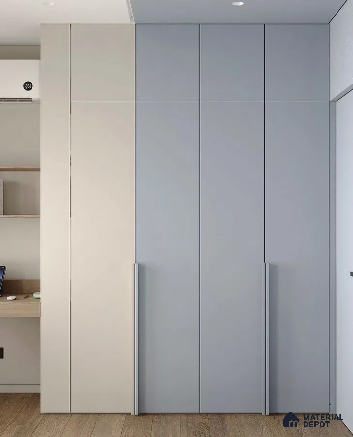 Minimalist wardrobe with pastel blue and beige solid color laminates and wooden flooring | Material Depot