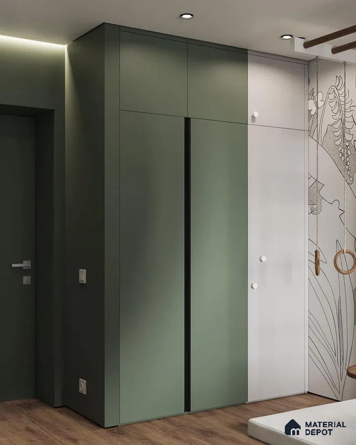 Minimalist wardrobe with sage green and frosty white laminate shutters and wooden floor | Material Depot