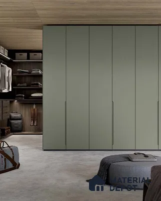 Minimalist wardrobe with sage green laminate shutters and walnut wood open shelving | Material Depot