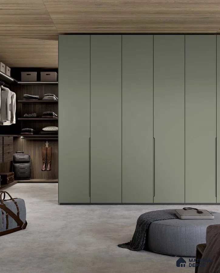 Minimalist wardrobe with sage green laminate shutters and walnut wood open shelving | Material Depot
