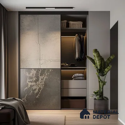 Minimalist wardrobe with stone-look laminate shutters and matte grey panels in bedroom | Material Depot