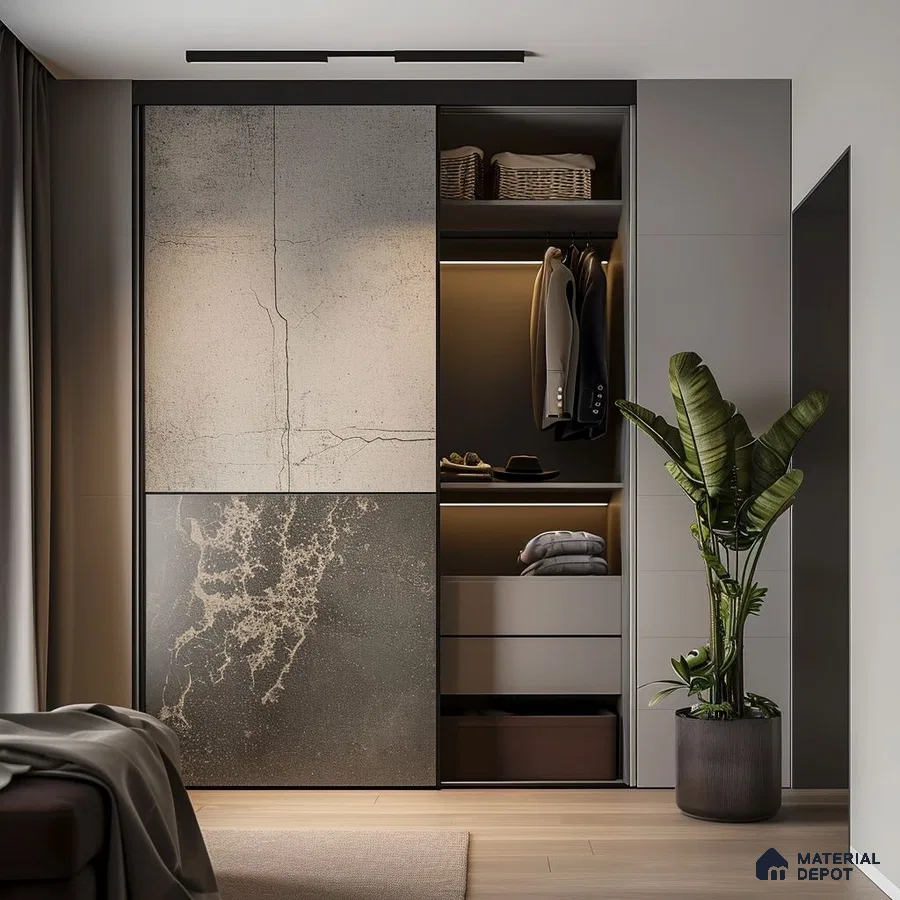 Minimalist wardrobe with stone-look laminate shutters and matte grey panels in bedroom | Material Depot