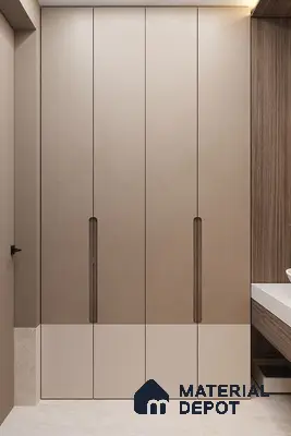 Minimalist wardrobe with taupe and beige solid color laminates and wood grain side panel | Material Depot