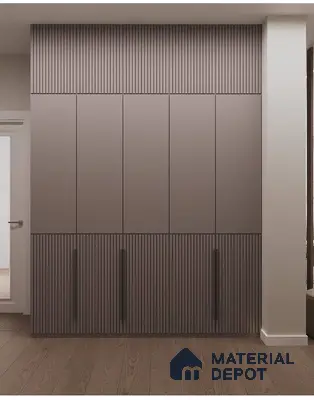 Minimalist wardrobe with taupe fluted laminate and matte finish in bedroom | Material Depot