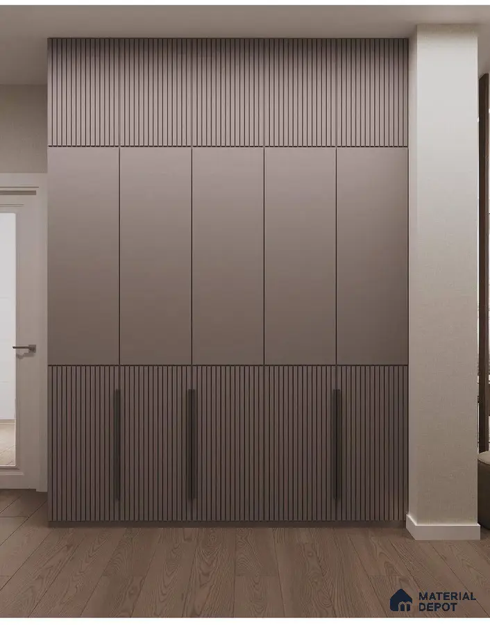 Minimalist wardrobe with taupe fluted laminate and matte finish in bedroom | Material Depot