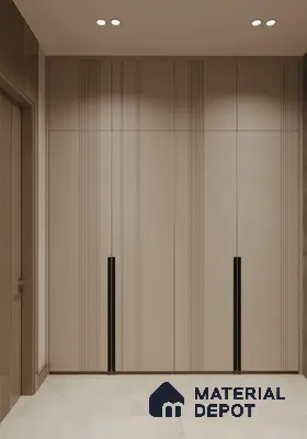 Minimalist wardrobe with taupe fluted laminate shutters and matte black handles | Material Depot