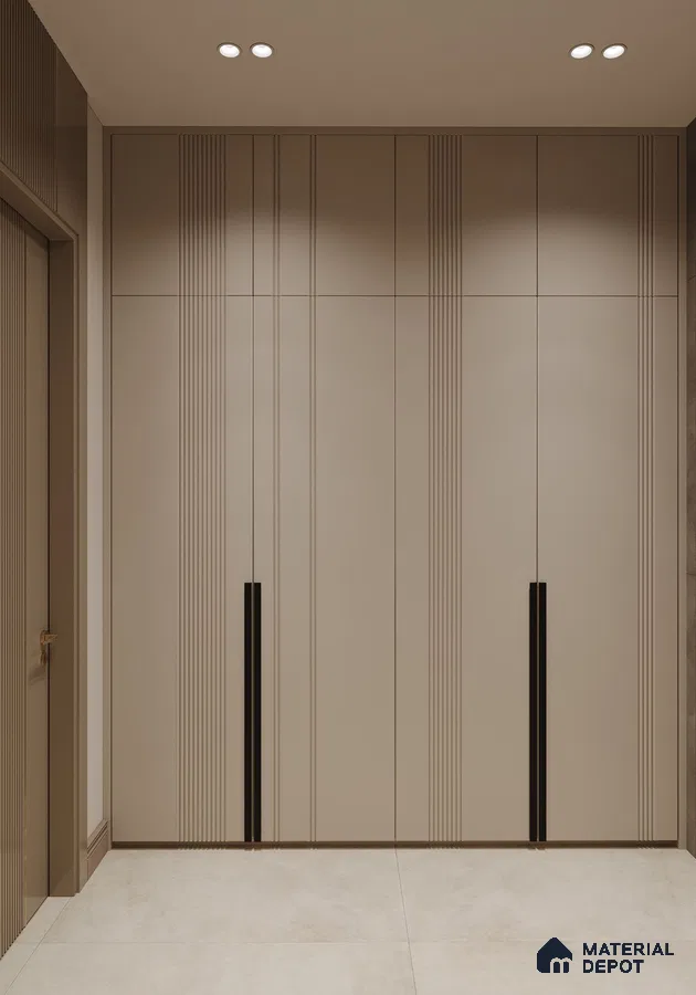 Minimalist wardrobe with taupe fluted laminate shutters and matte black handles | Material Depot