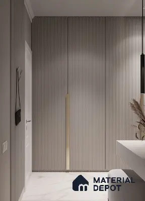 Minimalist Wardrobe with taupe fluted wall panels and white marble look floor tiles | Material Depot