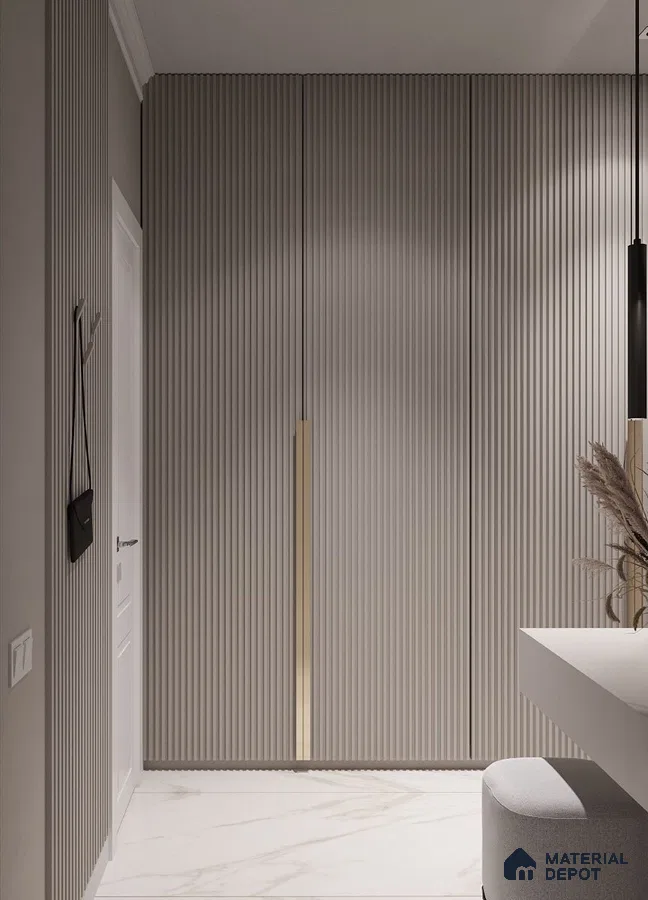 Minimalist Wardrobe with taupe fluted wall panels and white marble look floor tiles | Material Depot