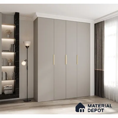 Minimalist wardrobe with taupe matte laminate shutters and light oak wooden flooring | Material Depot