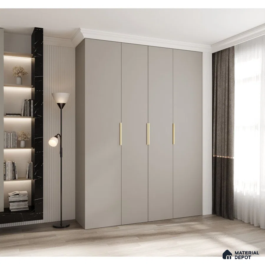 Minimalist wardrobe with taupe matte laminate shutters and light oak wooden flooring | Material Depot