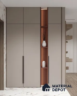 Minimalist wardrobe with taupe matte laminate shutters and terracotta open shelving on marble floor | Material Depot