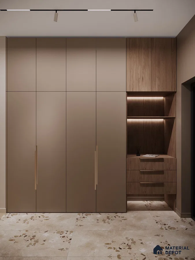Minimalist wardrobe with taupe matte laminate shutters and walnut wood laminate drawers on terrazzo floor tiles | Material Depot