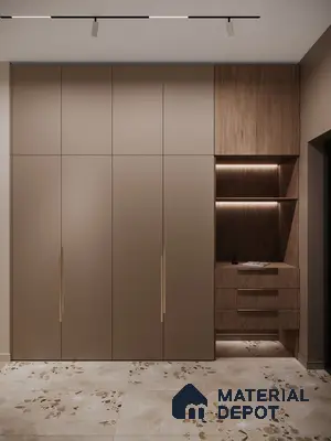 Minimalist wardrobe with taupe matte laminate shutters and walnut wood laminate drawers on terrazzo floor tiles | Material Depot