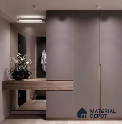Minimalist Wardrobe with taupe matte laminate wardrobes and light oak console shelf | Material Depot