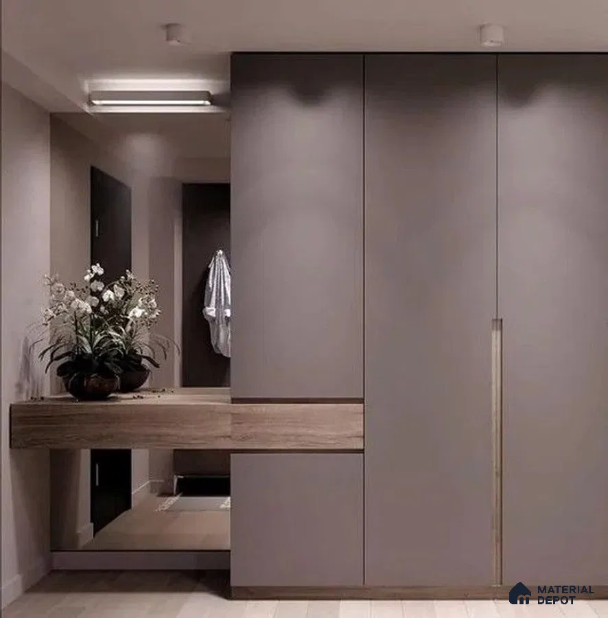 Minimalist Wardrobe with taupe matte laminate wardrobes and light oak console shelf | Material Depot