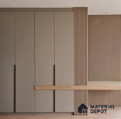 Minimalist wardrobe with taupe solid color laminate and light oak fluted wall panels | Material Depot