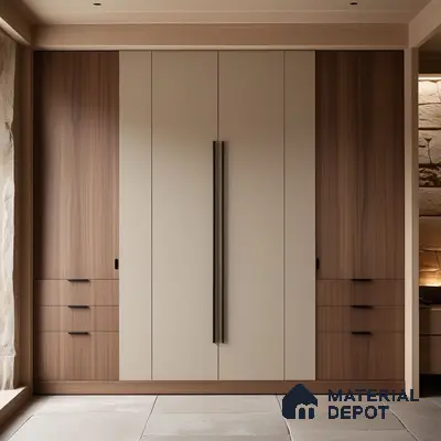 Minimalist wardrobe with taupe solid color laminate and walnut wood laminate | Material Depot