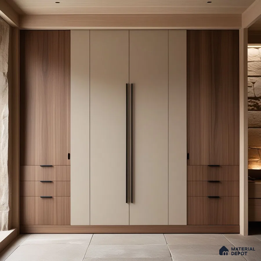 Minimalist wardrobe with taupe solid color laminate and walnut wood laminate | Material Depot