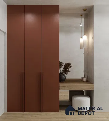 Minimalist Wardrobe with terracotta solid color laminate wardrobe and light oak wood console | Material Depot