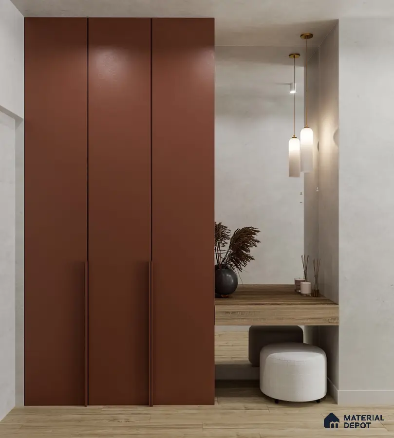 Minimalist Wardrobe with terracotta solid color laminate wardrobe and light oak wood console | Material Depot