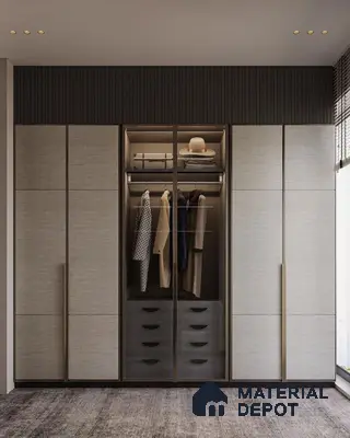 Minimalist wardrobe with textured beige laminate shutters and dark fluted panel accent | Material Depot